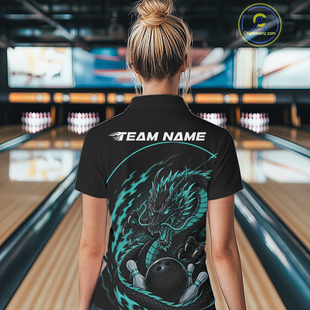 Personalized Blue Flame Coiled Dragon Bowling Quarter Zip Shirt Team Uniform