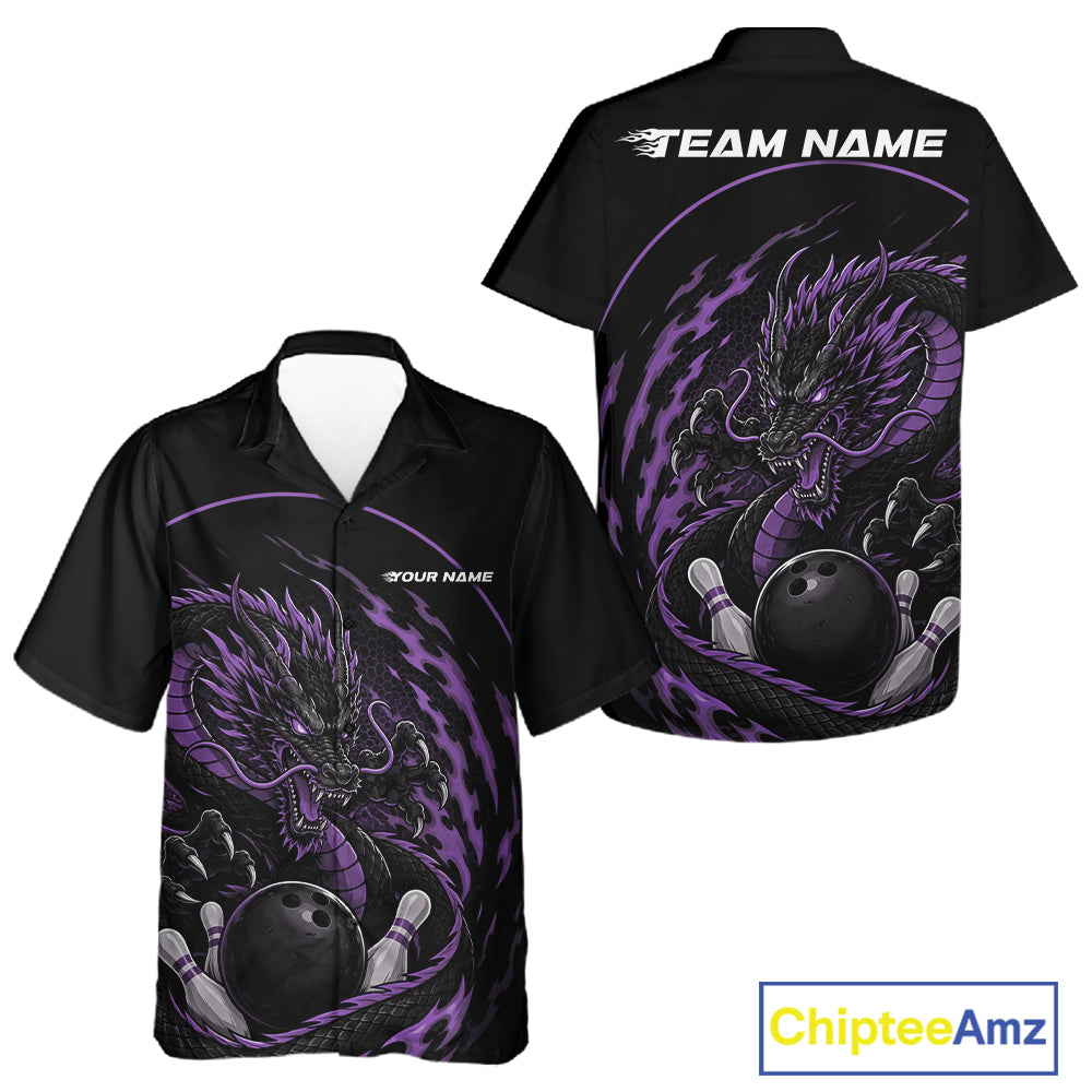 Personalized Purple Flame Coiled Dragon Bowling And Hawaiian Shirt Team Uniform
