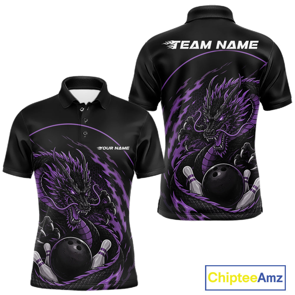 Personalized Purple Flame Coiled Dragon Bowling Polo Shirt Team Uniform