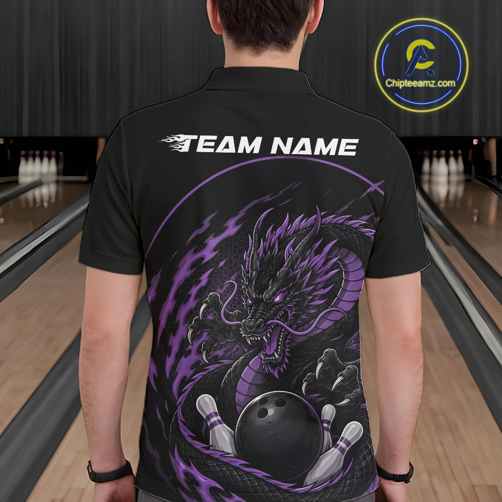 Personalized Purple Flame Coiled Dragon Bowling Polo Shirt Team Uniform