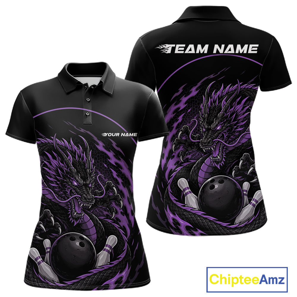 Personalized Purple Flame Coiled Dragon Bowling Polo Shirt Team Uniform