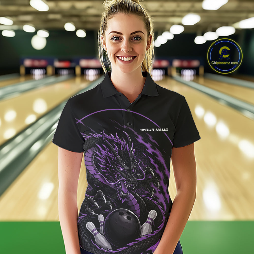 Personalized Purple Flame Coiled Dragon Bowling Polo Shirt Team Uniform