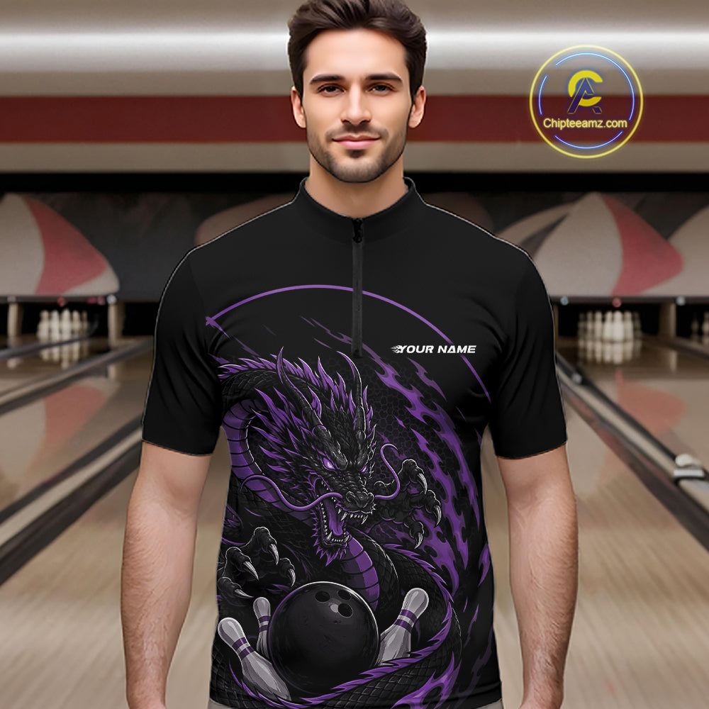 Personalized Purple Flame Coiled Dragon Bowling Quarter Zip Shirt Team Uniform