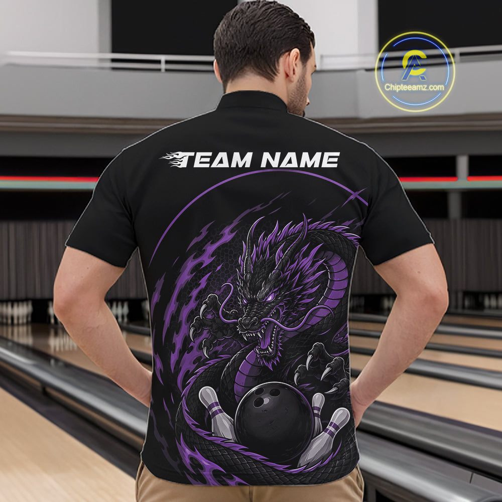 Personalized Purple Flame Coiled Dragon Bowling Quarter Zip Shirt Team Uniform