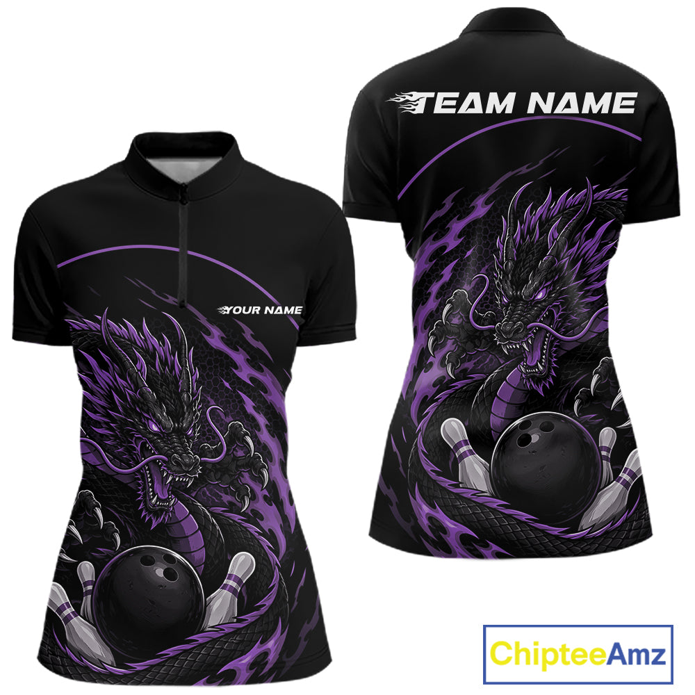 Personalized Purple Flame Coiled Dragon Bowling Quarter Zip Shirt Team Uniform