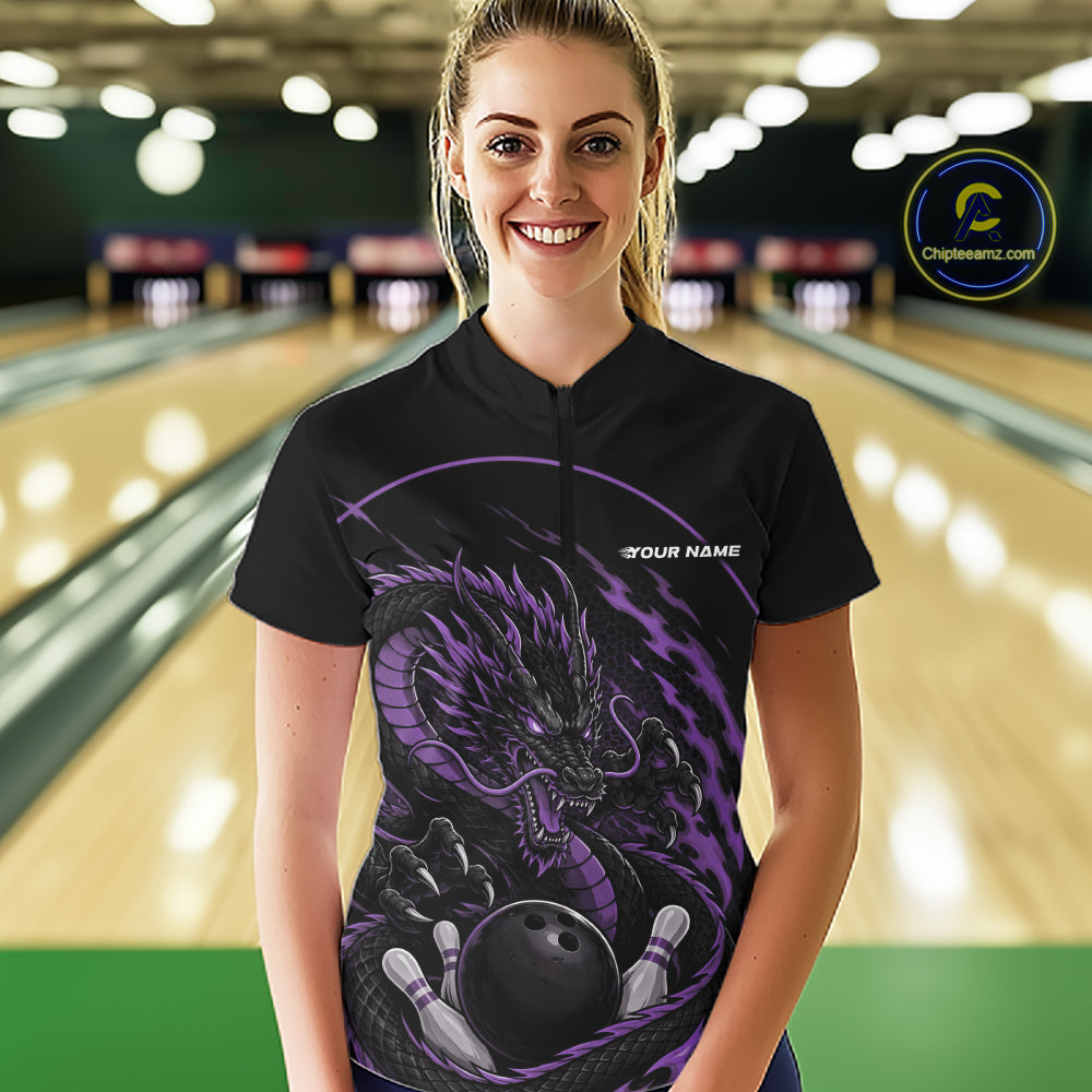 Personalized Purple Flame Coiled Dragon Bowling Quarter Zip Shirt Team Uniform