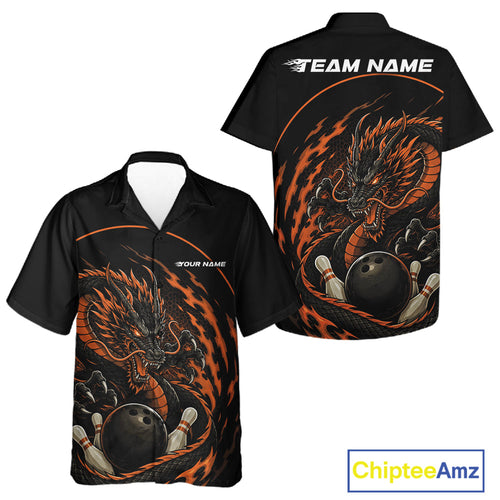 Personalized Orange Flame Coiled Dragon Bowling And Hawaiian Shirt Team Uniform