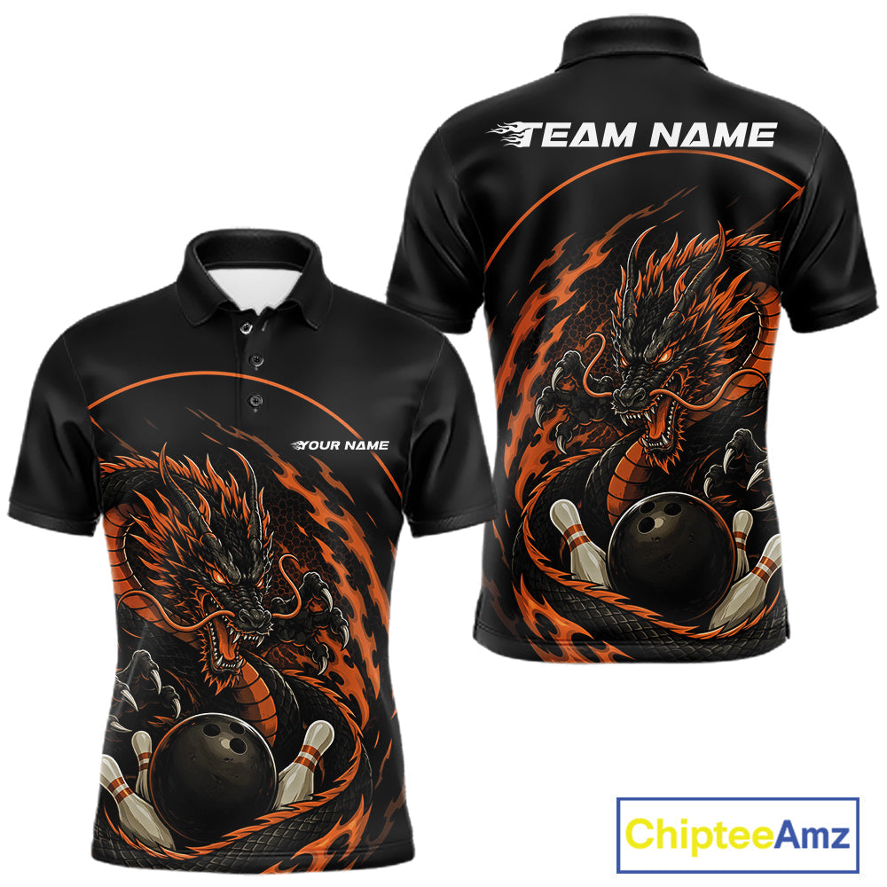Personalized Orange Flame Coiled Dragon Bowling Polo Shirt Team Uniform