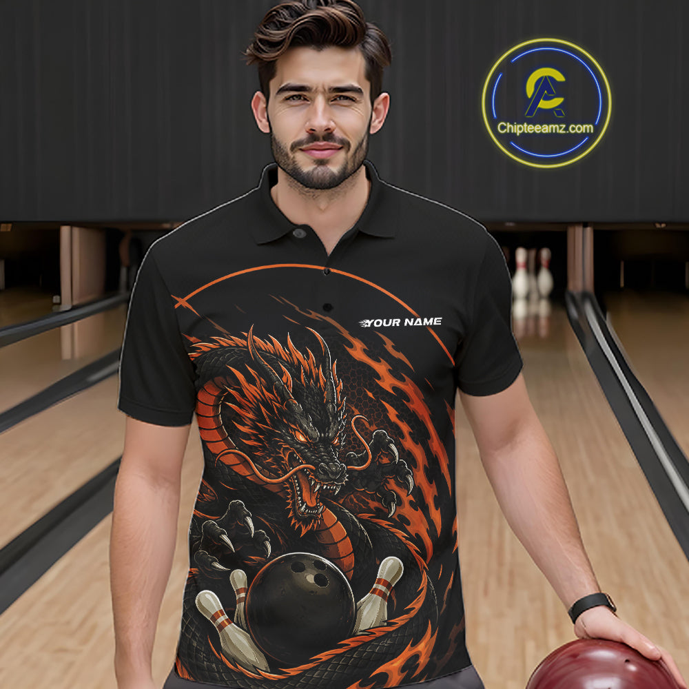 Personalized Orange Flame Coiled Dragon Bowling Polo Shirt Team Uniform