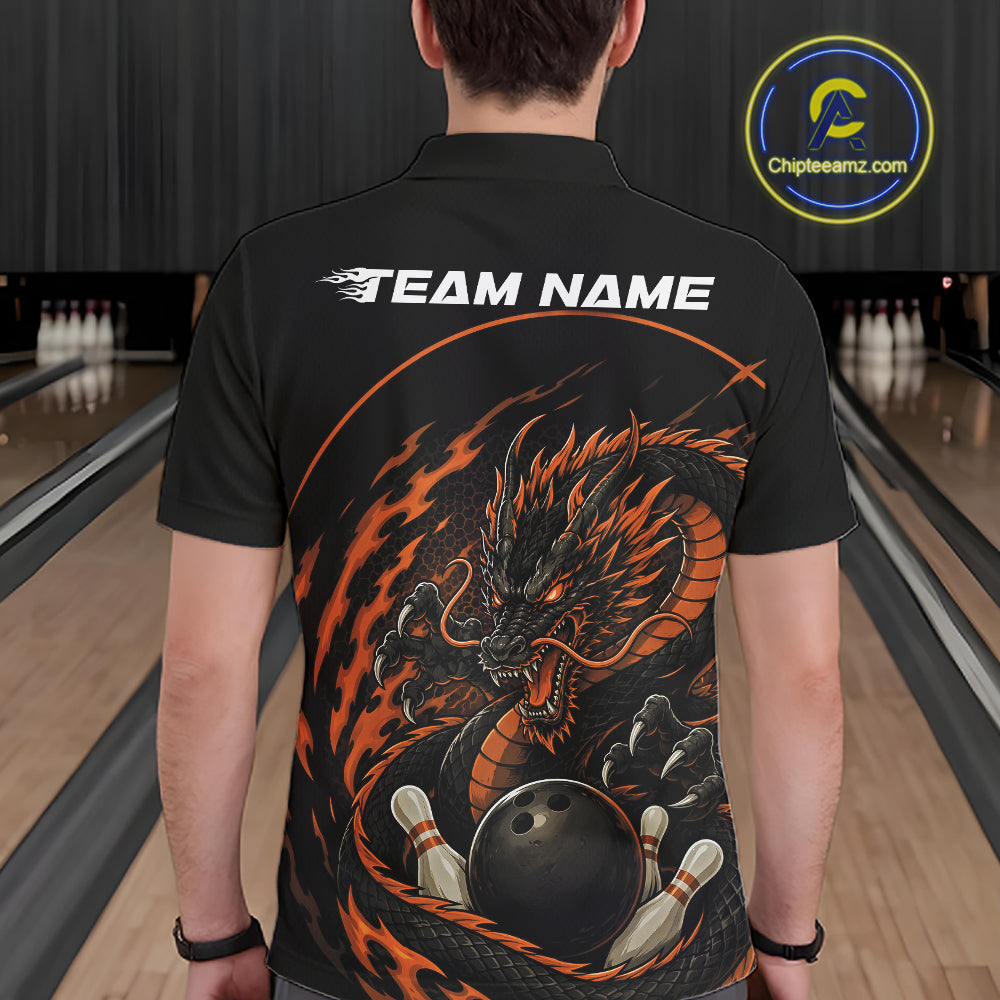 Personalized Orange Flame Coiled Dragon Bowling Polo Shirt Team Uniform