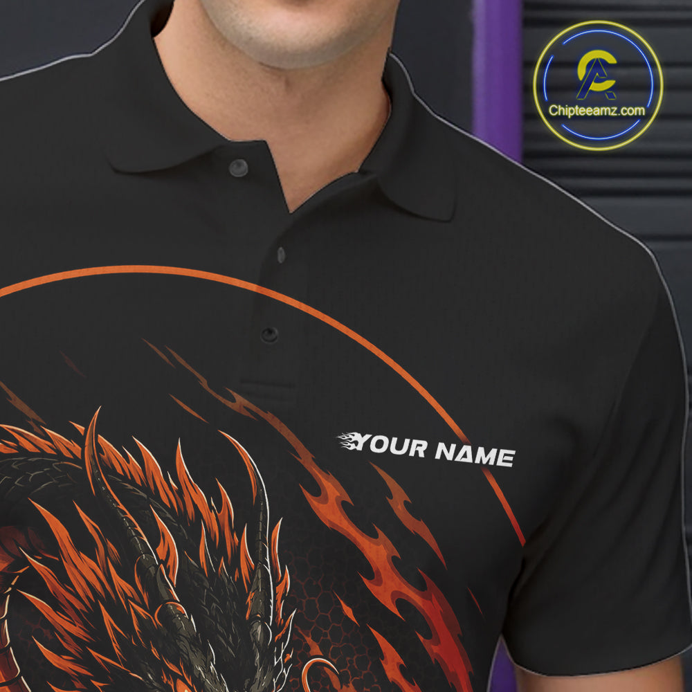 Personalized Orange Flame Coiled Dragon Bowling Polo Shirt Team Uniform