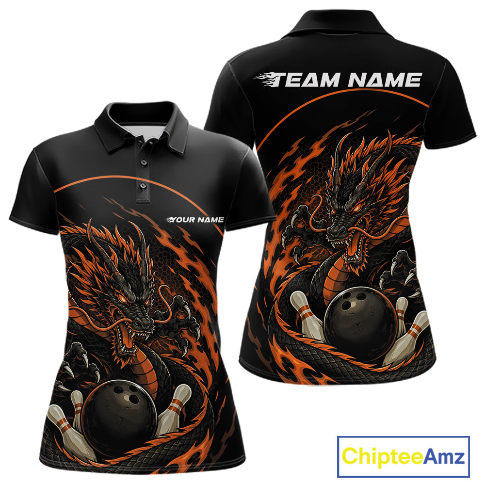 Personalized Orange Flame Coiled Dragon Bowling Polo Shirt Team Uniform