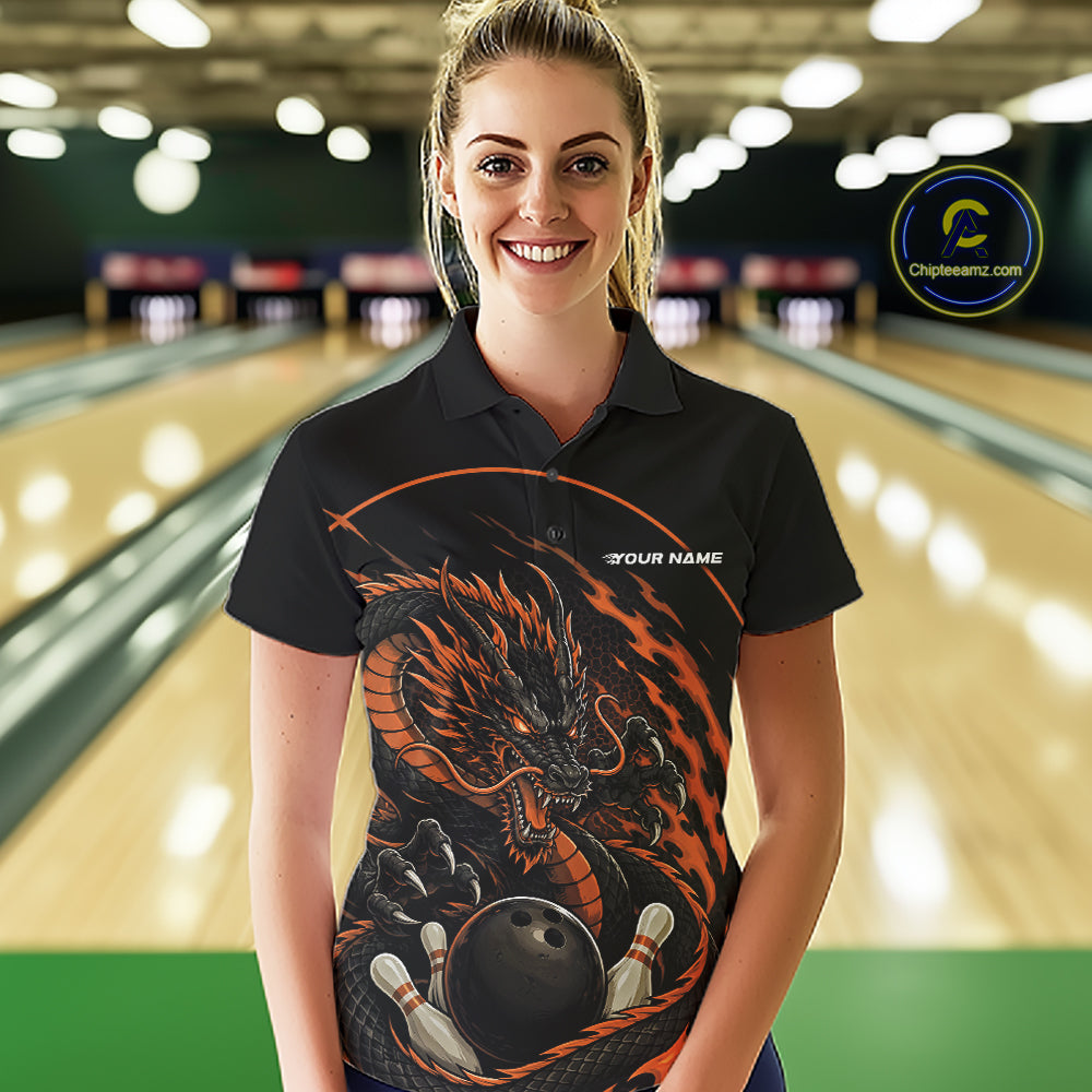 Personalized Orange Flame Coiled Dragon Bowling Polo Shirt Team Uniform