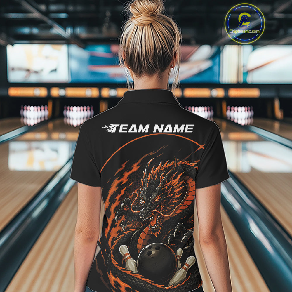 Personalized Orange Flame Coiled Dragon Bowling Polo Shirt Team Uniform