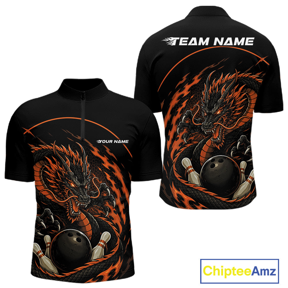 Personalized Orange Flame Coiled Dragon Bowling Quarter Zip Shirt Team Uniform