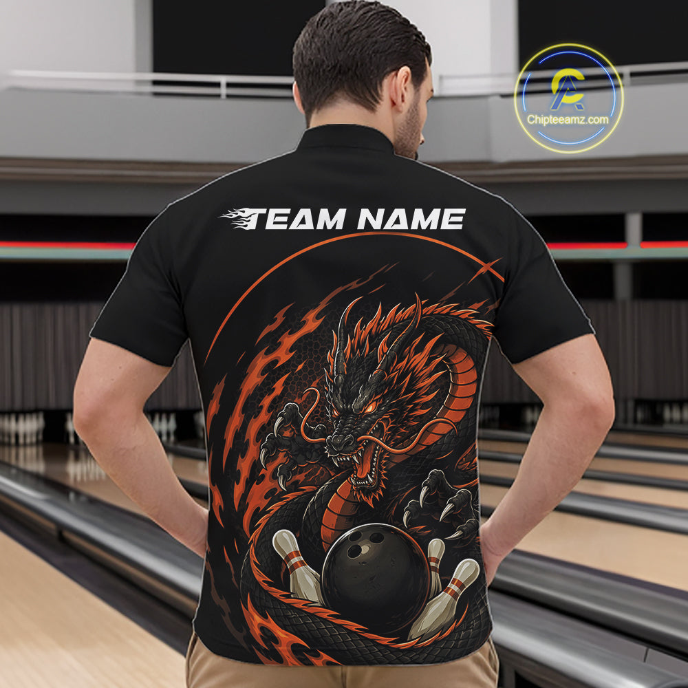 Personalized Orange Flame Coiled Dragon Bowling Quarter Zip Shirt Team Uniform