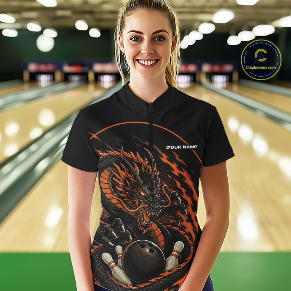 Personalized Orange Flame Coiled Dragon Bowling Quarter Zip Shirt Team Uniform