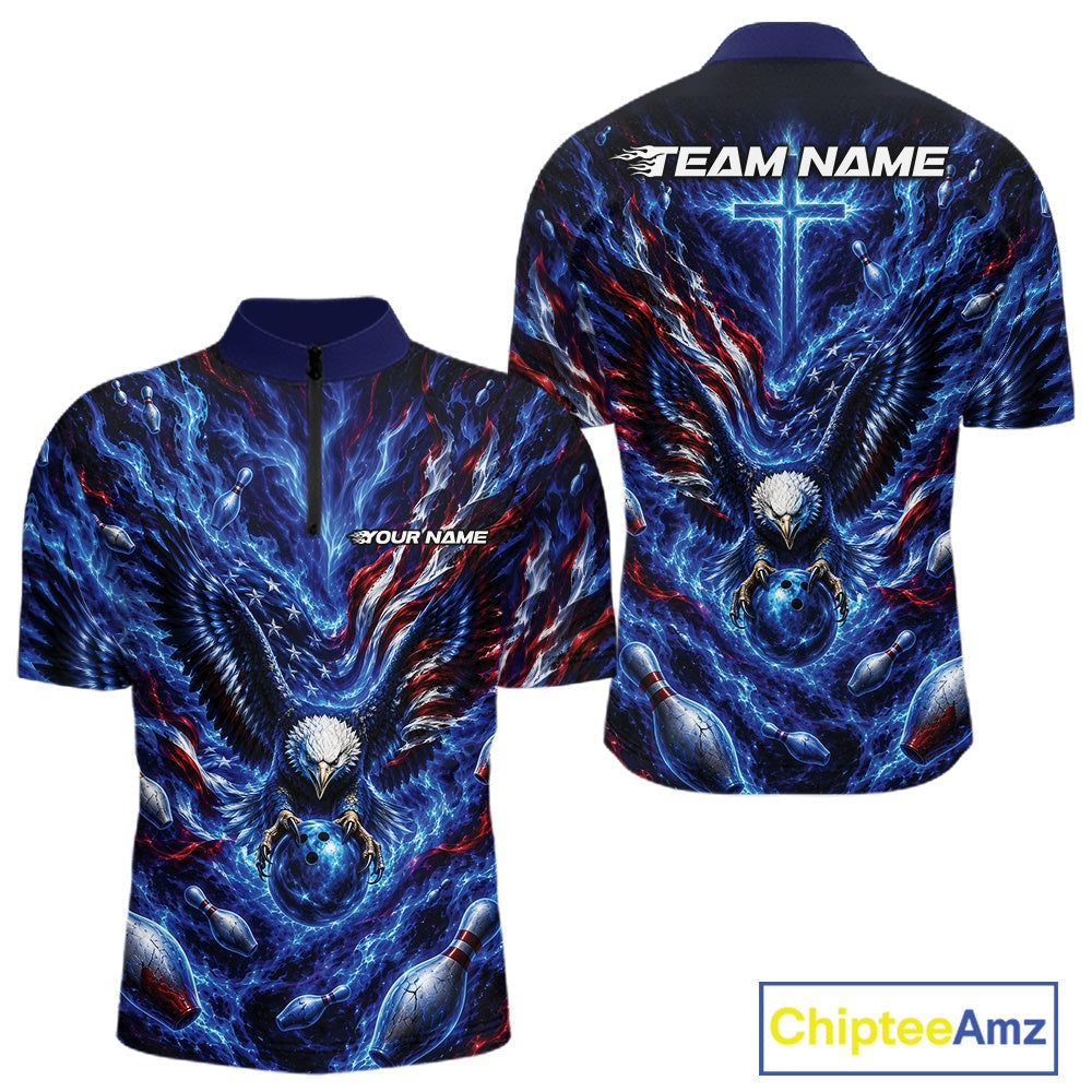 Custom American Bowling Eagle Quarter Zip Team Shirt, Patriotic Bowling Jerseys