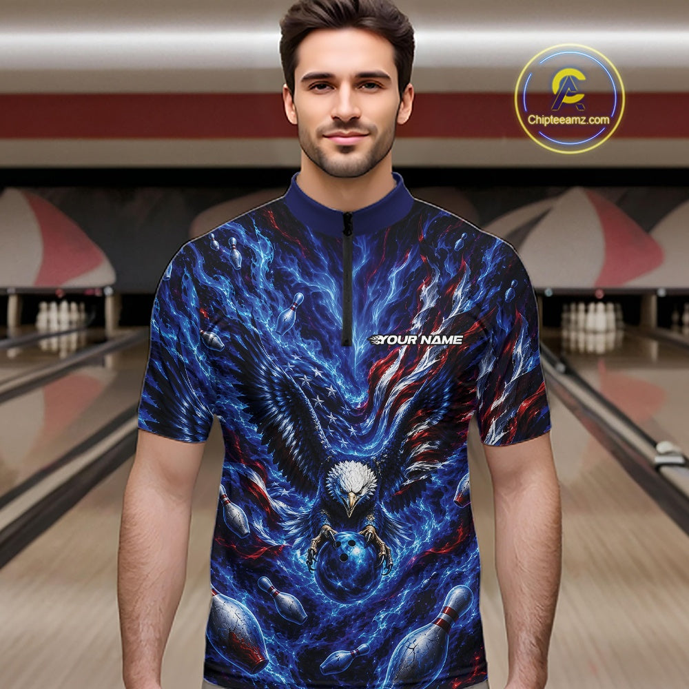 Custom American Bowling Eagle Quarter Zip Team Shirt, Patriotic Bowling Jerseys