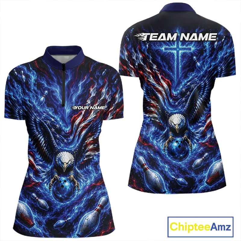 Custom American Bowling Eagle Quarter-Zip Team Shirt, Patriotic Bowling Jerseys