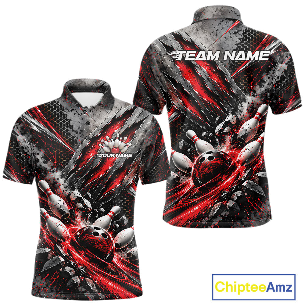 Red Claw Marks Custom Bowling Jersey, Bowling Tournament Polo Shirt Team Uniform