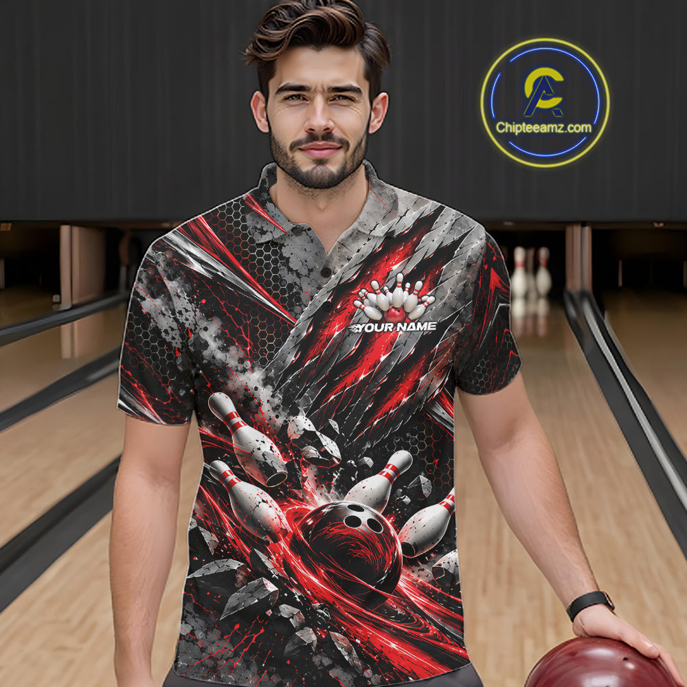 Red Claw Marks Custom Bowling Jersey, Bowling Tournament Polo Shirt Team Uniform
