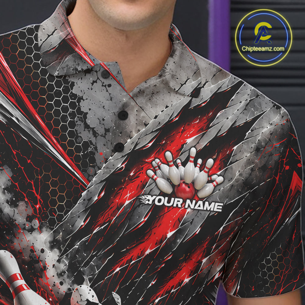 Red Claw Marks Custom Bowling Jersey, Bowling Tournament Polo Shirt Team Uniform