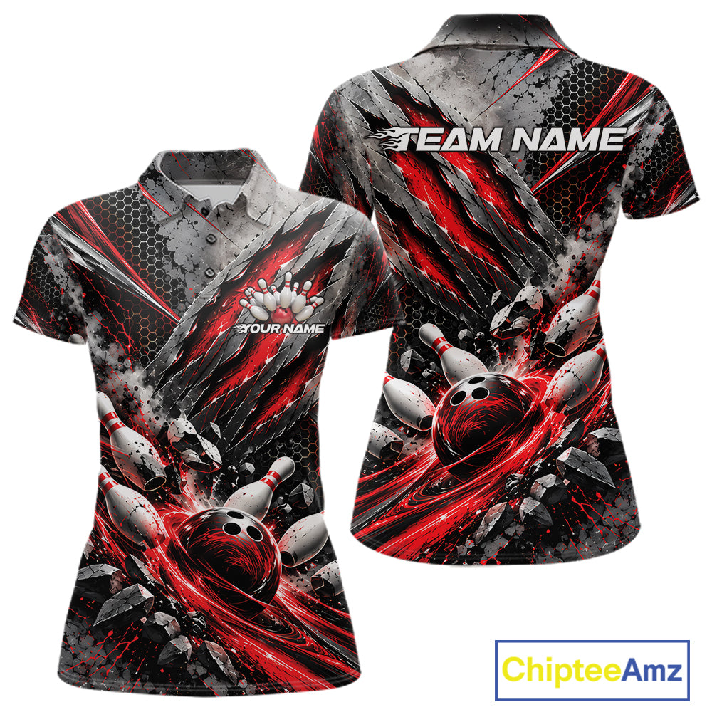 Red Claw Marks Custom Bowling Jersey, Bowling Tournament Polo Shirt Team Uniform