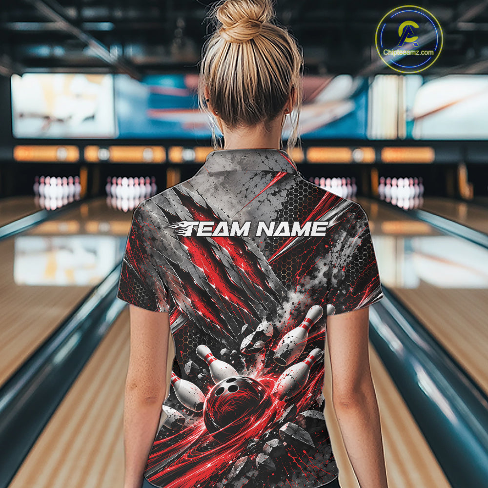 Red Claw Marks Custom Bowling Jersey, Bowling Tournament Polo Shirt Team Uniform