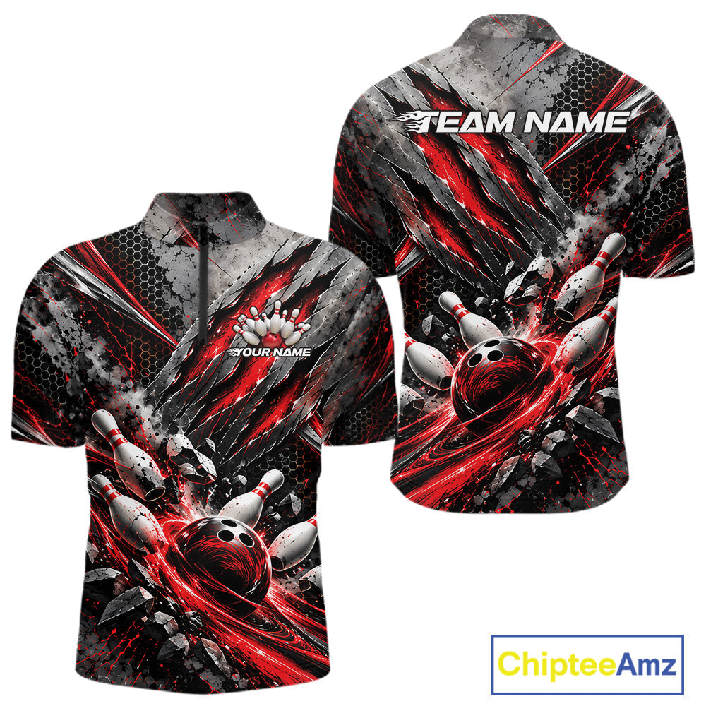 Red Claw Marks Custom Bowling Jersey, Bowling Tournament Quarter Zip Shirt Team Uniform