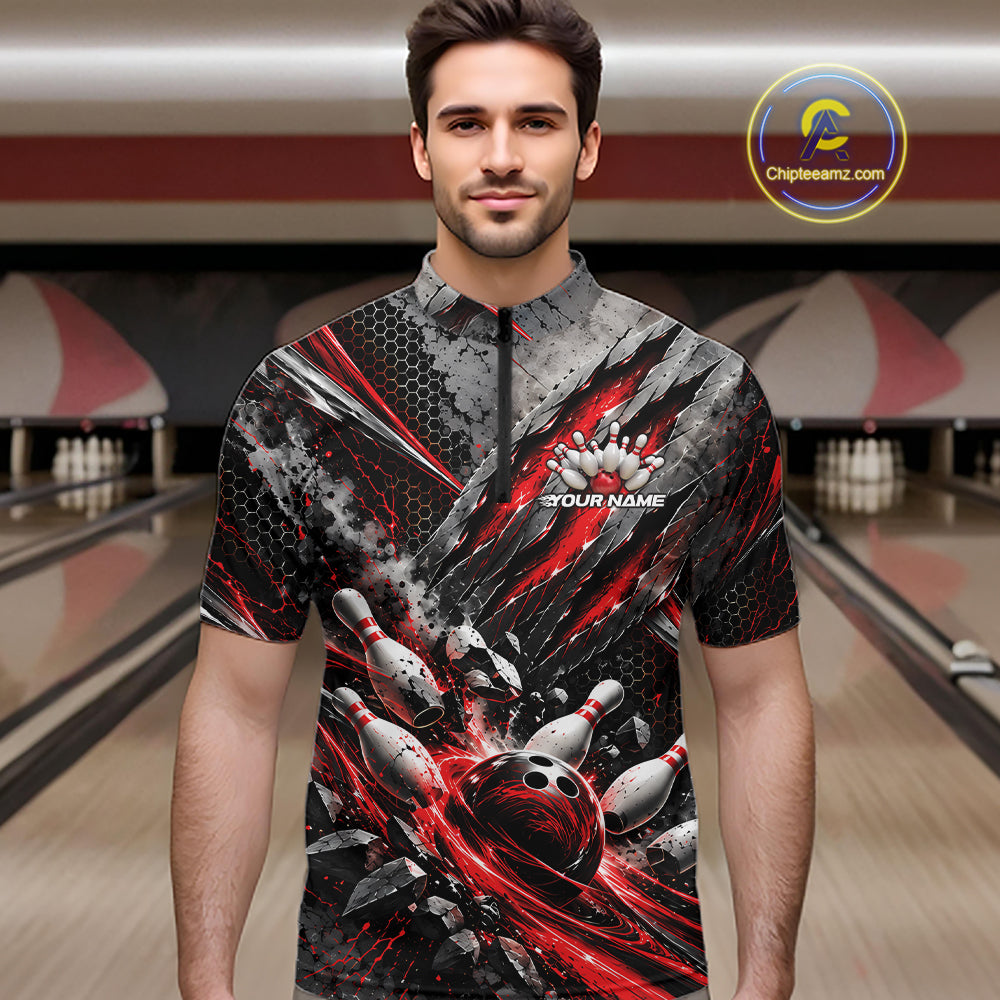 Red Claw Marks Custom Bowling Jersey, Bowling Tournament Quarter Zip Shirt Team Uniform
