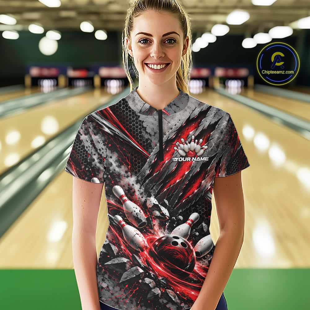 Red Claw Marks Custom Bowling Jersey, Bowling Tournament Quarter-Zip Shirt