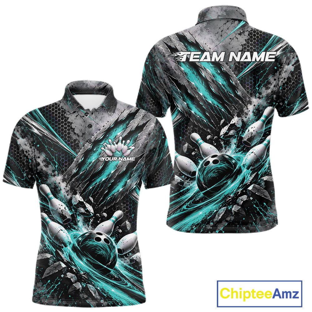 Turquoise Claw Marks Custom Bowling Jersey, Bowling Tournament Polo Shirt Team Uniform