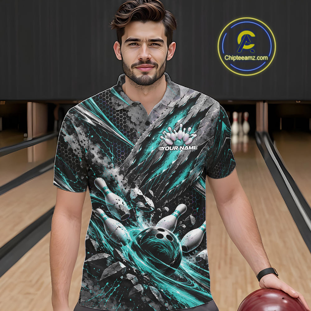 Turquoise Claw Marks Custom Bowling Jersey, Bowling Tournament Polo Shirt Team Uniform