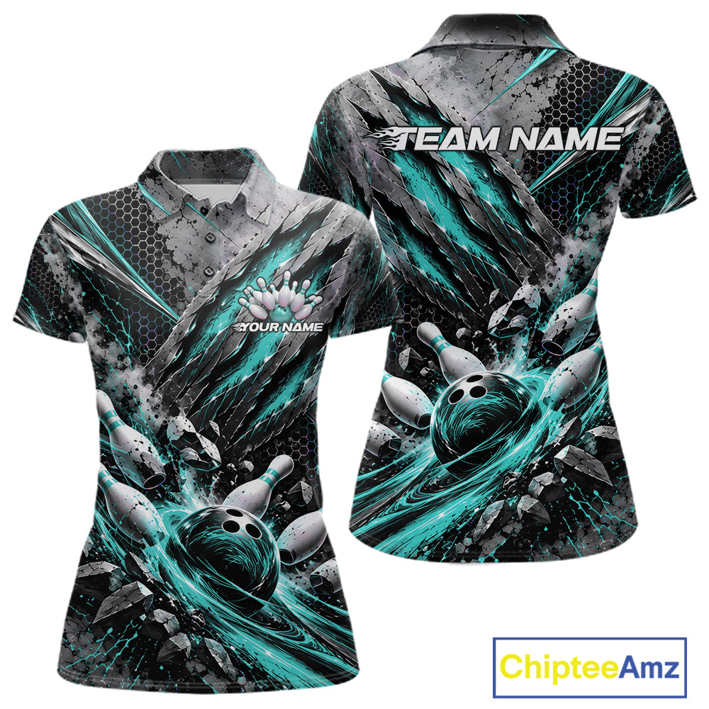 Turquoise Claw Marks Custom Bowling Jersey, Bowling Tournament Polo Shirt Team Uniform