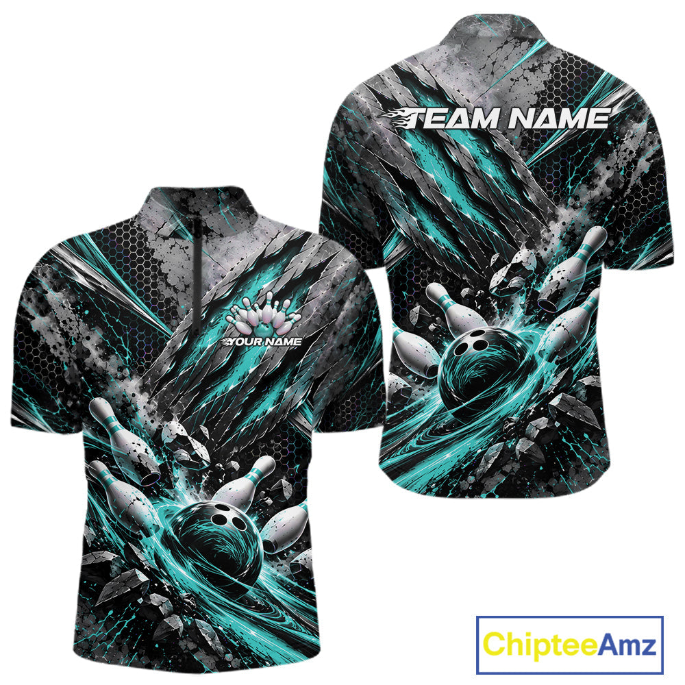 Turquoise Claw Marks Custom Bowling Jersey, Bowling Tournament Quarter Zip Shirt