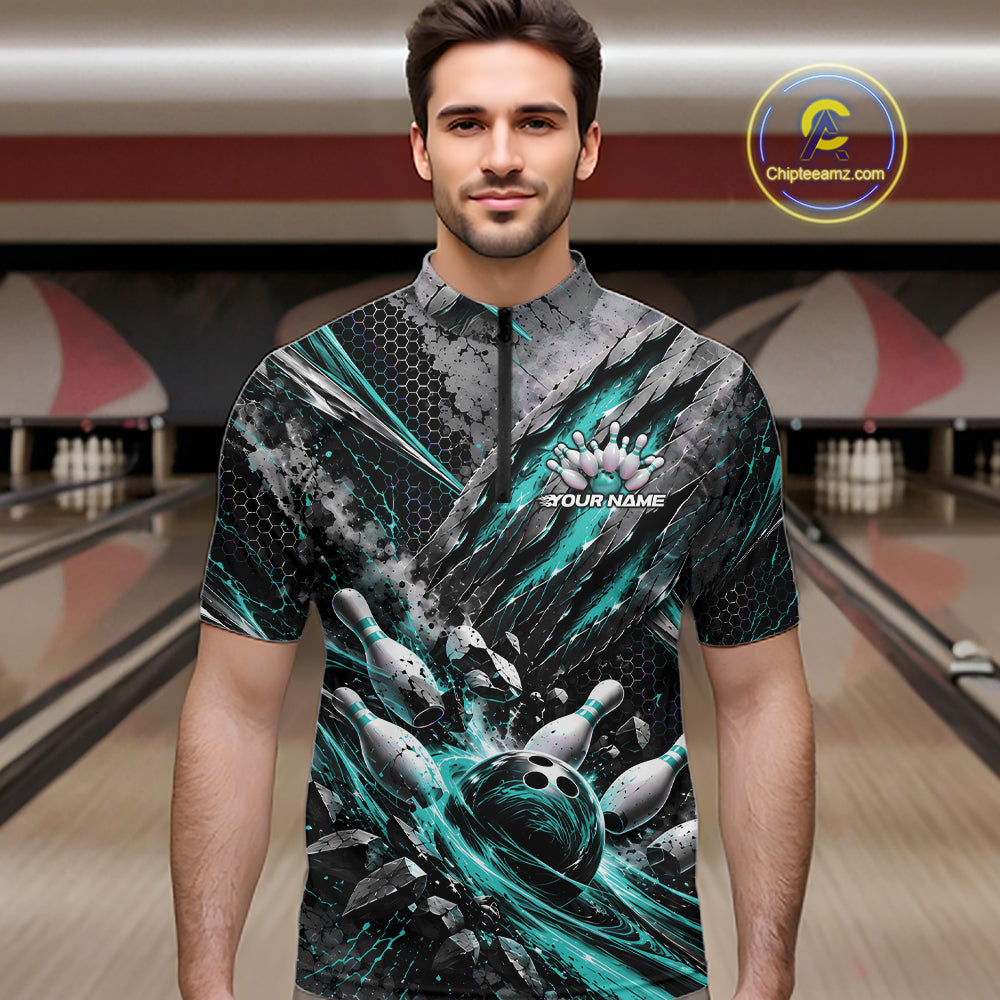 Turquoise Claw Marks Custom Bowling Jersey, Bowling Tournament Quarter Zip Shirt