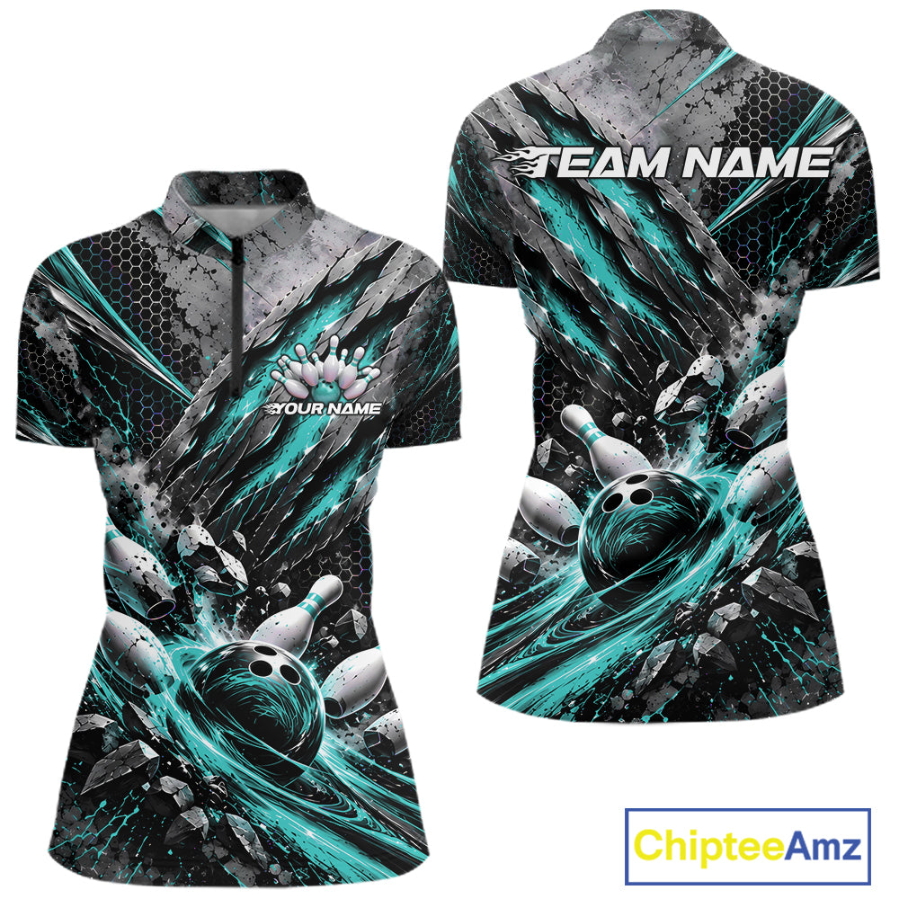 Turquoise Claw Marks Custom Bowling Jersey, Bowling Tournament Quarter-Zip Shirt