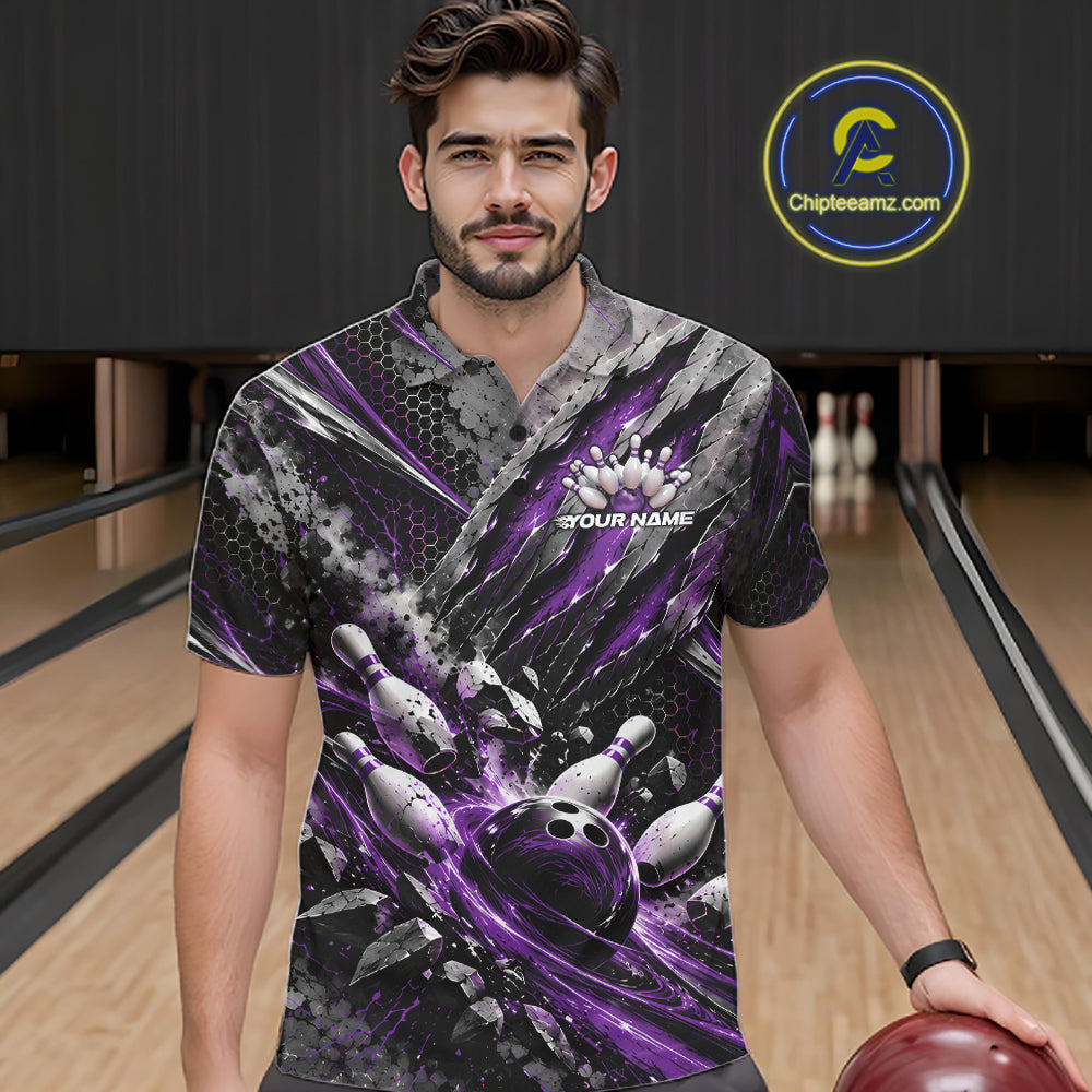 Purple Claw Marks Custom Bowling Jersey, Bowling Tournament Polo Shirt Team Uniform