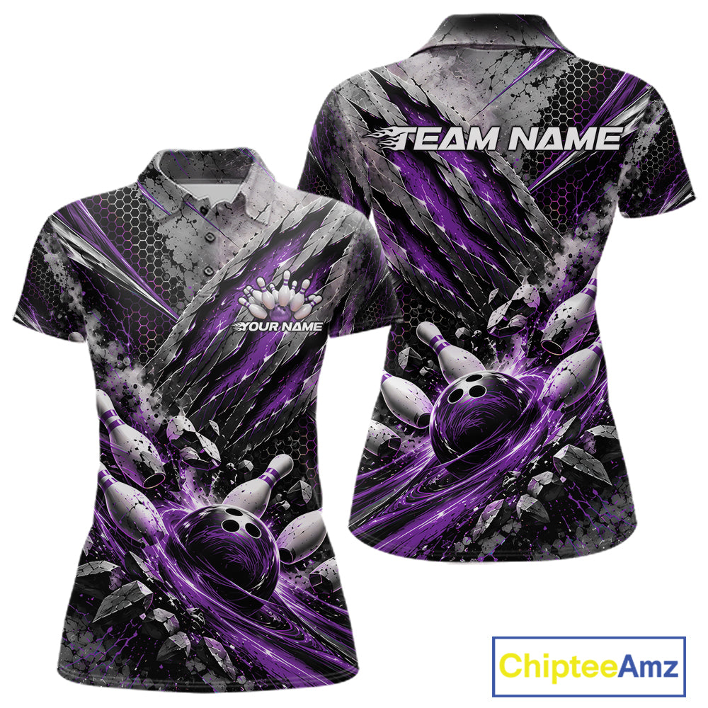 Purple Claw Marks Custom Bowling Jersey, Bowling Tournament Polo Shirt Team Uniform