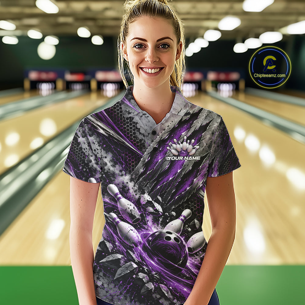 Purple Claw Marks Custom Bowling Jersey, Bowling Tournament Polo Shirt Team Uniform