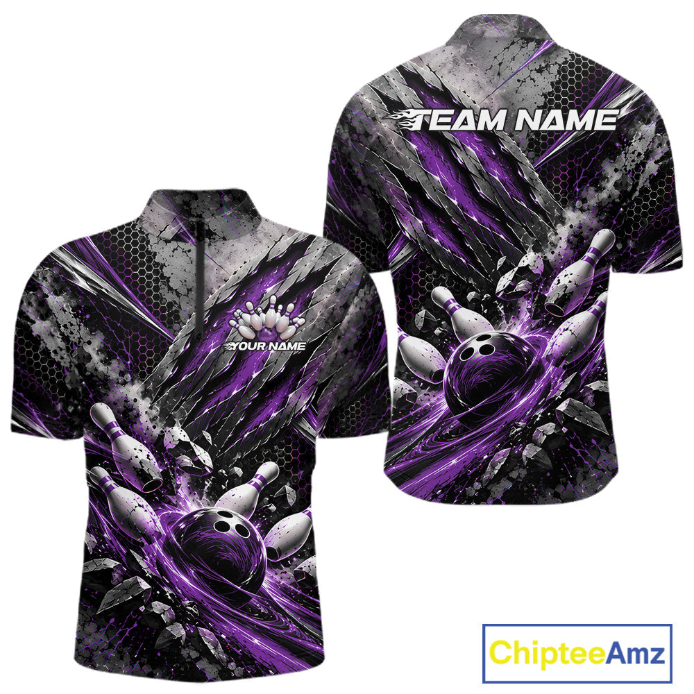 Purple Claw Marks Custom Bowling Jersey, Bowling Tournament Quarter Zip Shirt Team Uniform