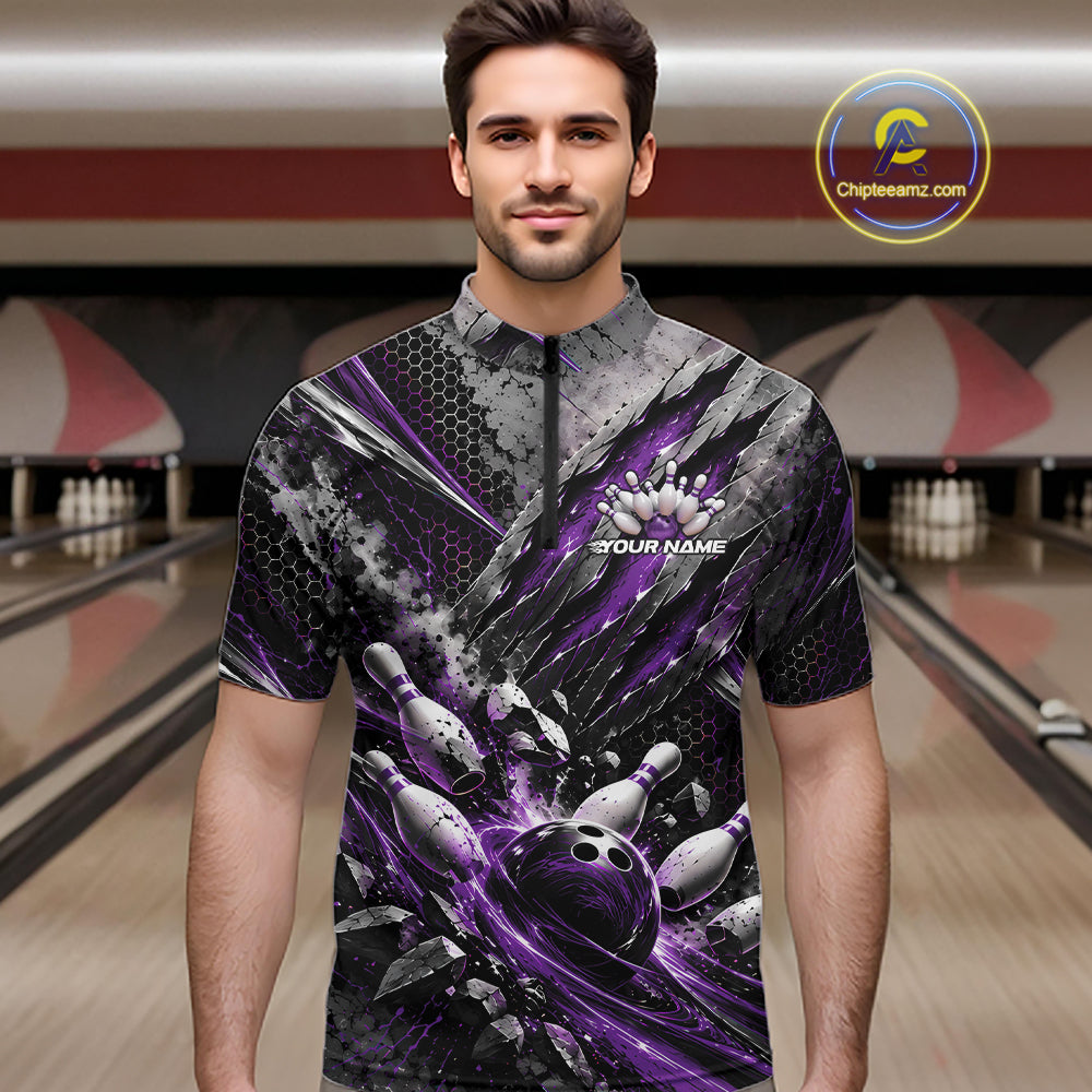 Purple Claw Marks Custom Bowling Jersey, Bowling Tournament Quarter Zip Shirt Team Uniform