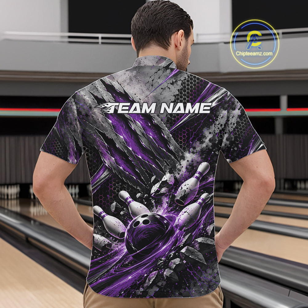 Purple Claw Marks Custom Bowling Jersey, Bowling Tournament Quarter Zip Shirt Team Uniform