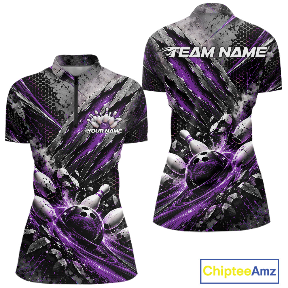 Purple Claw Marks Custom Bowling Jersey, Bowling Tournament Quarter-Zip Shirt