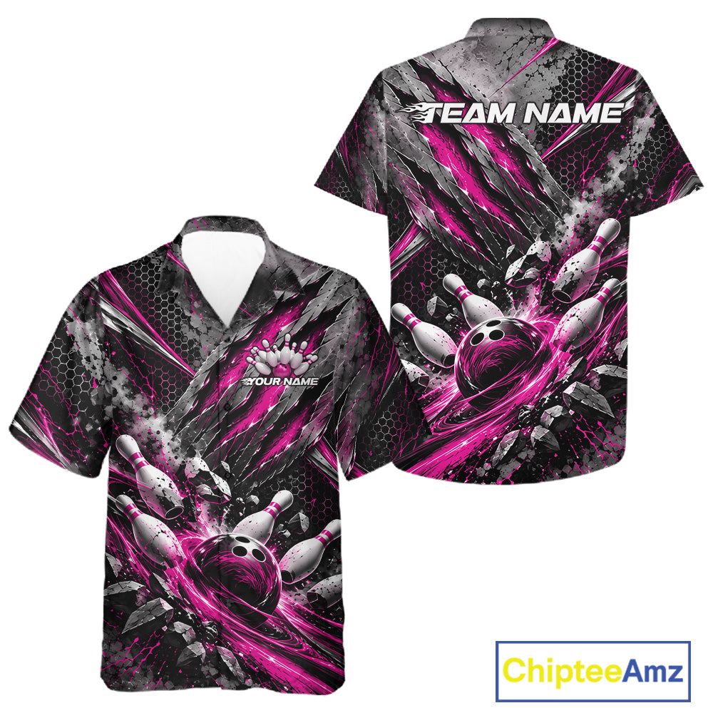 Pink Claw Marks Custom Bowling Jersey, Bowling Tournament And Button Up Shirt Team Uniform