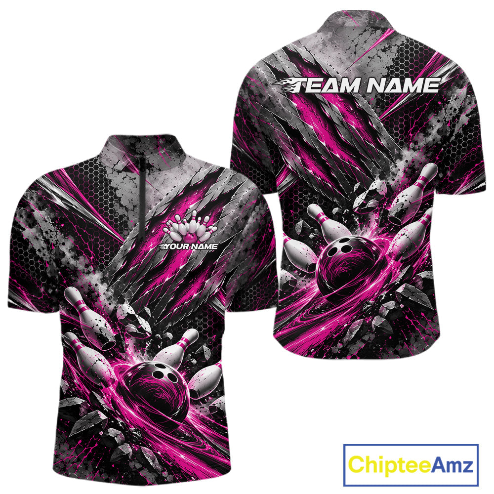 Pink Claw Marks Custom Bowling Jersey, Bowling Tournament Quarter Zip Shirt Team Uniform