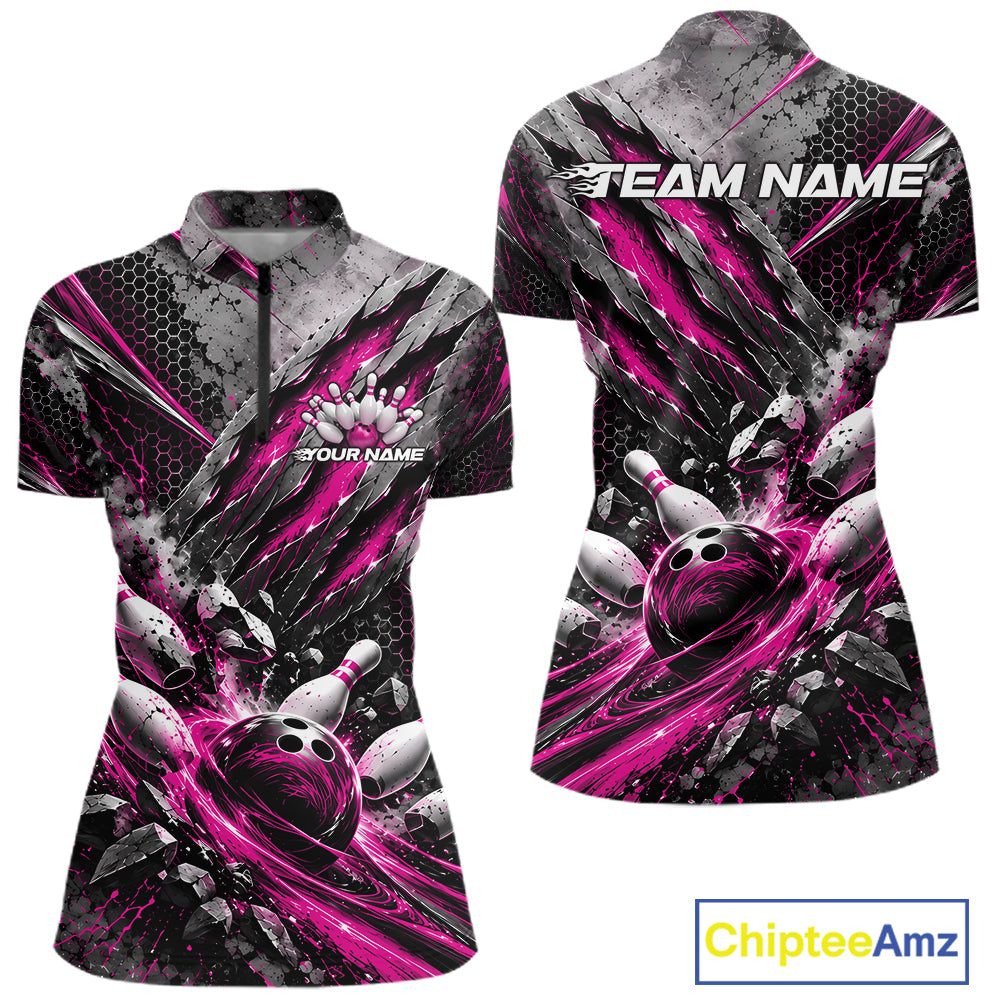 Pink Claw Marks Custom Bowling Jersey, Bowling Tournament Quarter-Zip Shirt