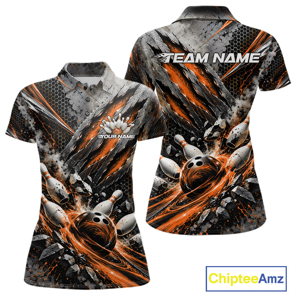 Orange Claw Marks Custom Bowling Jersey, Bowling Tournament Polo Shirt Team Uniform