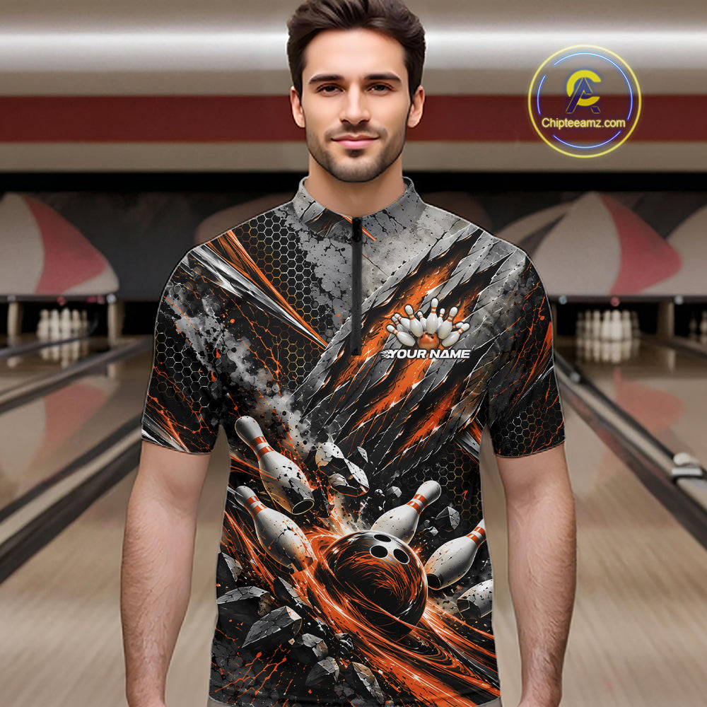 Orange Claw Marks Custom Bowling Jersey, Bowling Tournament Quarter Zip Shirt Team Uniform